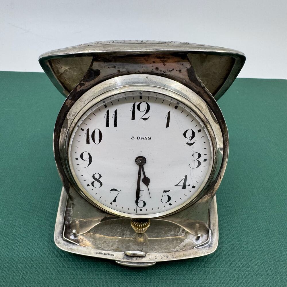 Antique Sterling Silver 8-Day Engraved Mechanical Travel Clock